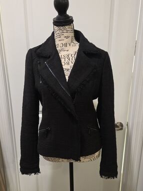 Karl Lagerfeld Paris Black Tweed Fringe Moto Jacket Size 2, Excellent Condition!